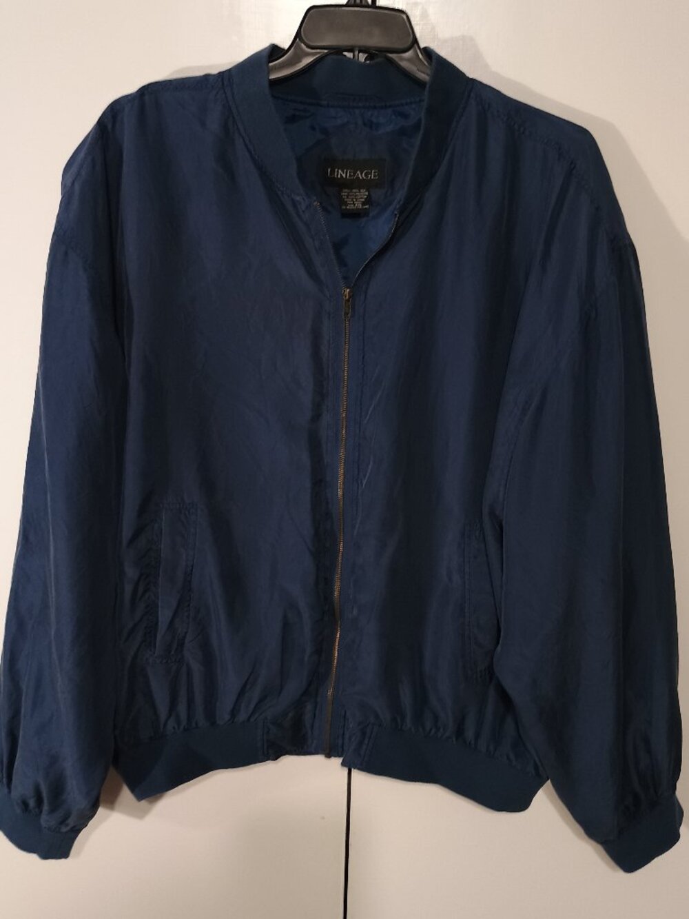 Vintage Lineage 100% Silk Navy Blue Bomber Jacket XXL Lightweight Full Zip Luxe - Picture 2 of 8